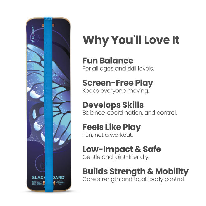 Butterfly Slackboard with features listed on a white background