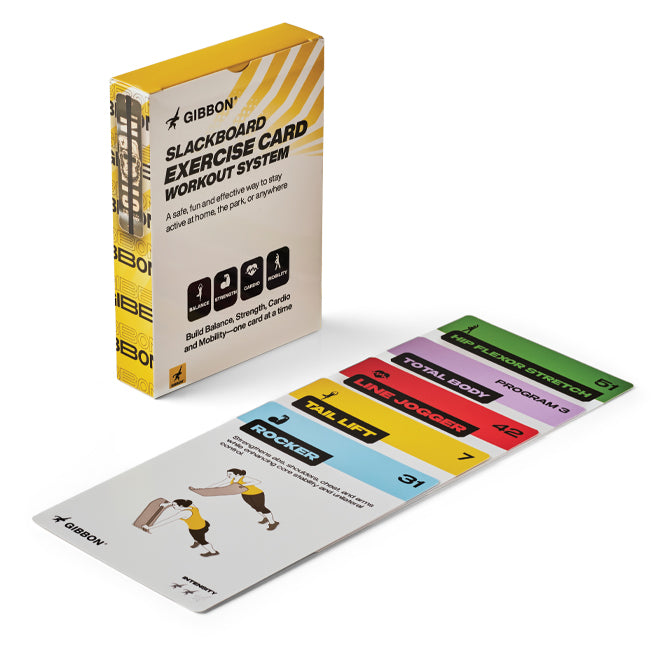 Gibbon Slackboard Exercise Card Workout System packaging and cards on a white background