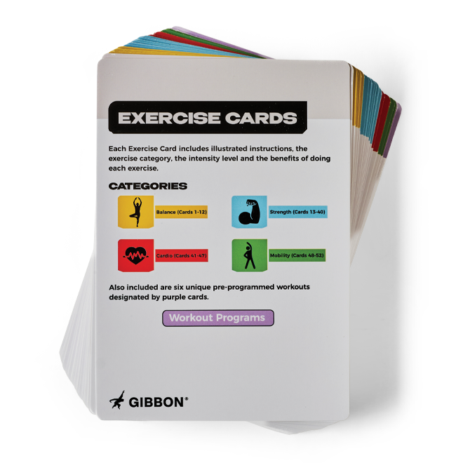 Stack of exercise cards with categories and GIBBON branding on a white background