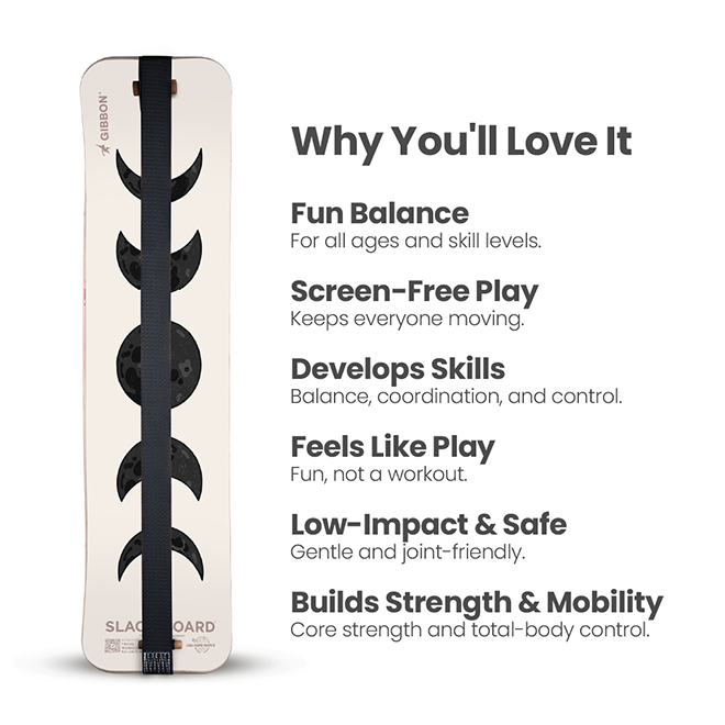 Wooden Moon SlackBoard on a white background with text written out for why you'll love it