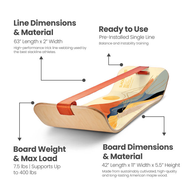 Sunrise SlackBoard with dimensions, and material details on a white background